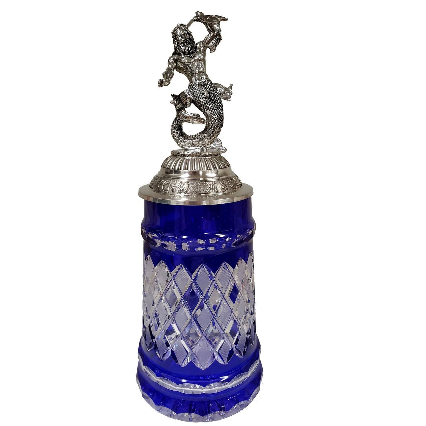 Blue Lord of Crystal Beer Stein with Poseidon Pewter Lid